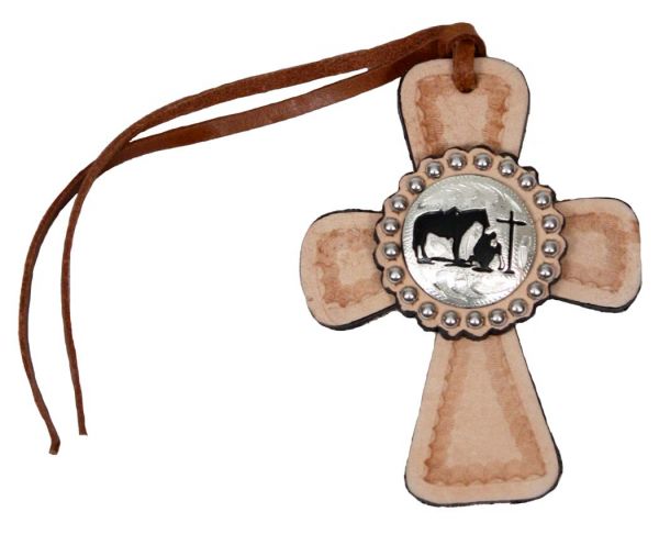 Western Praying Cowboy Leather Cross~ Western Rear view mirror decor, tie on Saddle