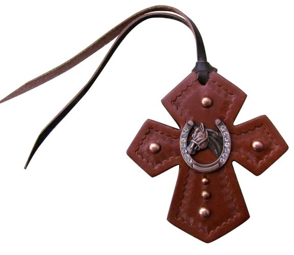 Leather Tie On Cross with Horseshoe and Horse Head Concho~ Western Rear view mirror decor