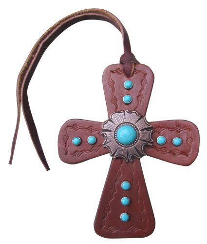 Leather Tie On Cross with Turquoise Stone Concho