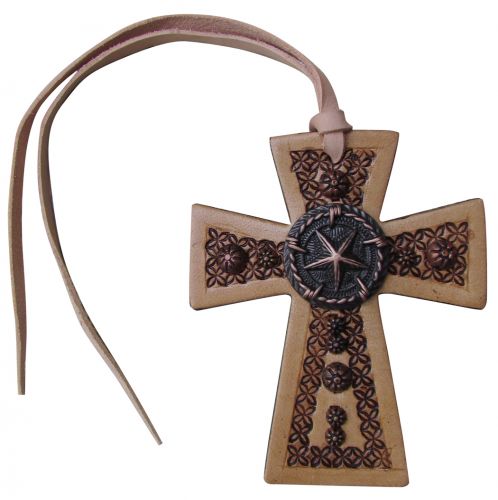 Leather Tie On Cross with Star Concho~Tie on Saddle ~  Western Rear view mirror decor