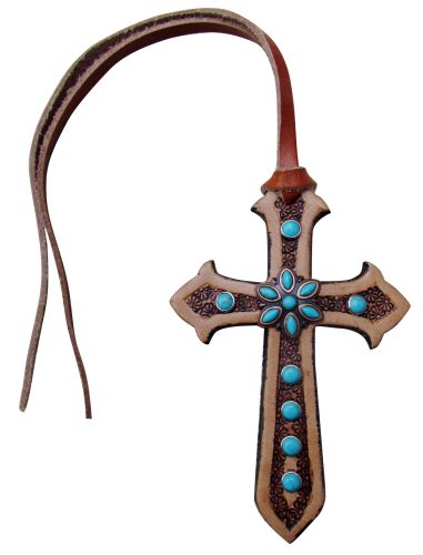 Leather Tie On Cross with Turquoise Stone Flower Concho