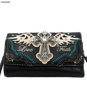 Black with Antique Silver/Crystal Cross 3 in 1 western style wallet/cross body