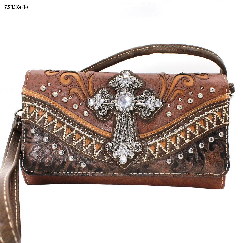 Brown with Antique Silver/Crystal Cross 3 in 1 western style wallet/cross body