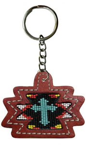 Leather Aztec key chain with multi colored beaded cross inlay