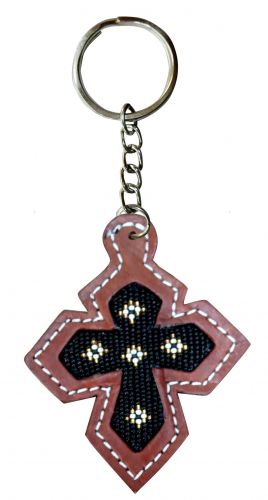 Leather cross key chain with black beaded inlay