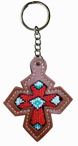 Leather cross key chain with red beaded inlay