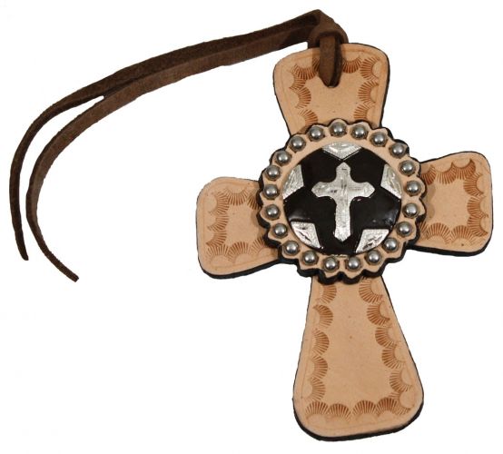 Western Leather Cross with Tooling ~Tie on Saddle ~  Western Rear view mirror decor