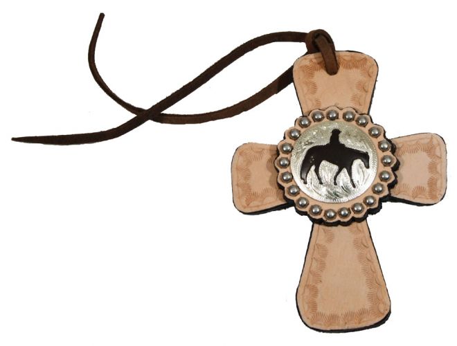 Leather Cross with Tooling and Pleasure Horse Concho~Tie on Saddle ~  Western Rear view mirror decor