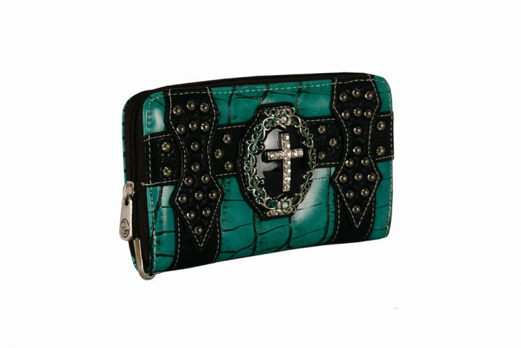 Western Black and turquoise zipper wallet with cross concho By Show Me Country