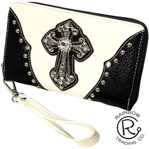 White PU leather zipper wallet with crystal rhinestone cross in center.
