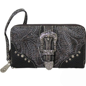 Gray PU leather zipper wallet with floral embossed overlay.