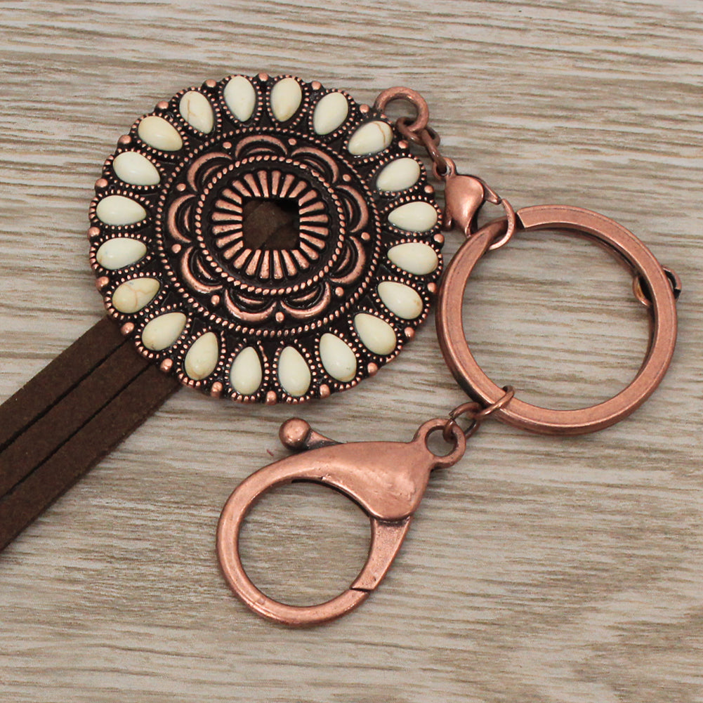 COPPER AND WHITE CONCHO WESTERN ACCESSORY KEY CHAIN WITH TASSEL