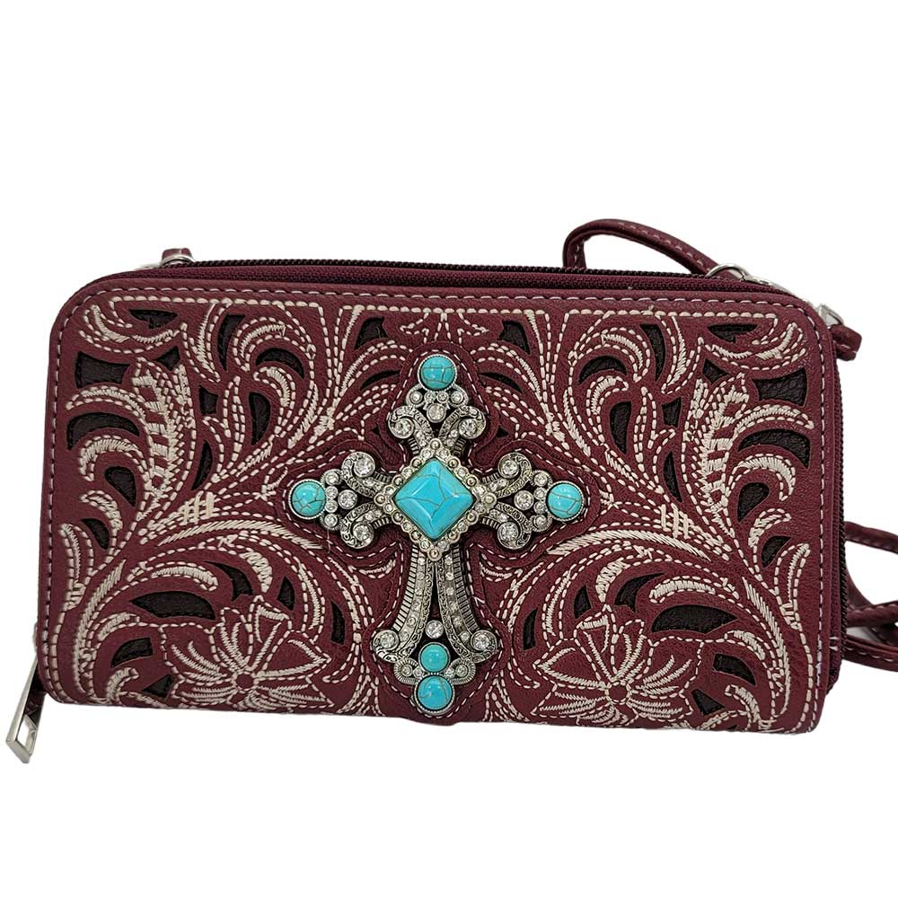Beautiful Burgandy Cross Double Compartment Wallet with Strap