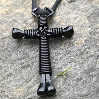 Black Horseshoe Nail Cross Necklace With Painted Black Nails