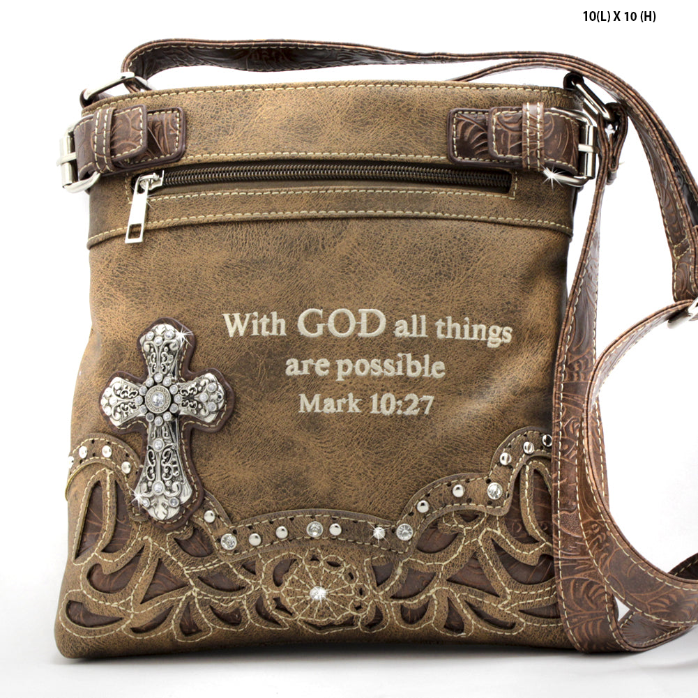 HW Collection Western Bible Verse Crossbody Purse – Concealed Carry, Rhinestone Cross, Faux Leather