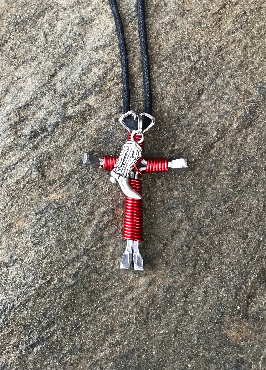 Red Horseshoe Nail Cross Necklace with Boot Charm