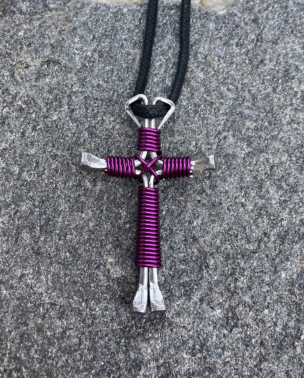 Purple Horseshoe Nail Cross Necklace