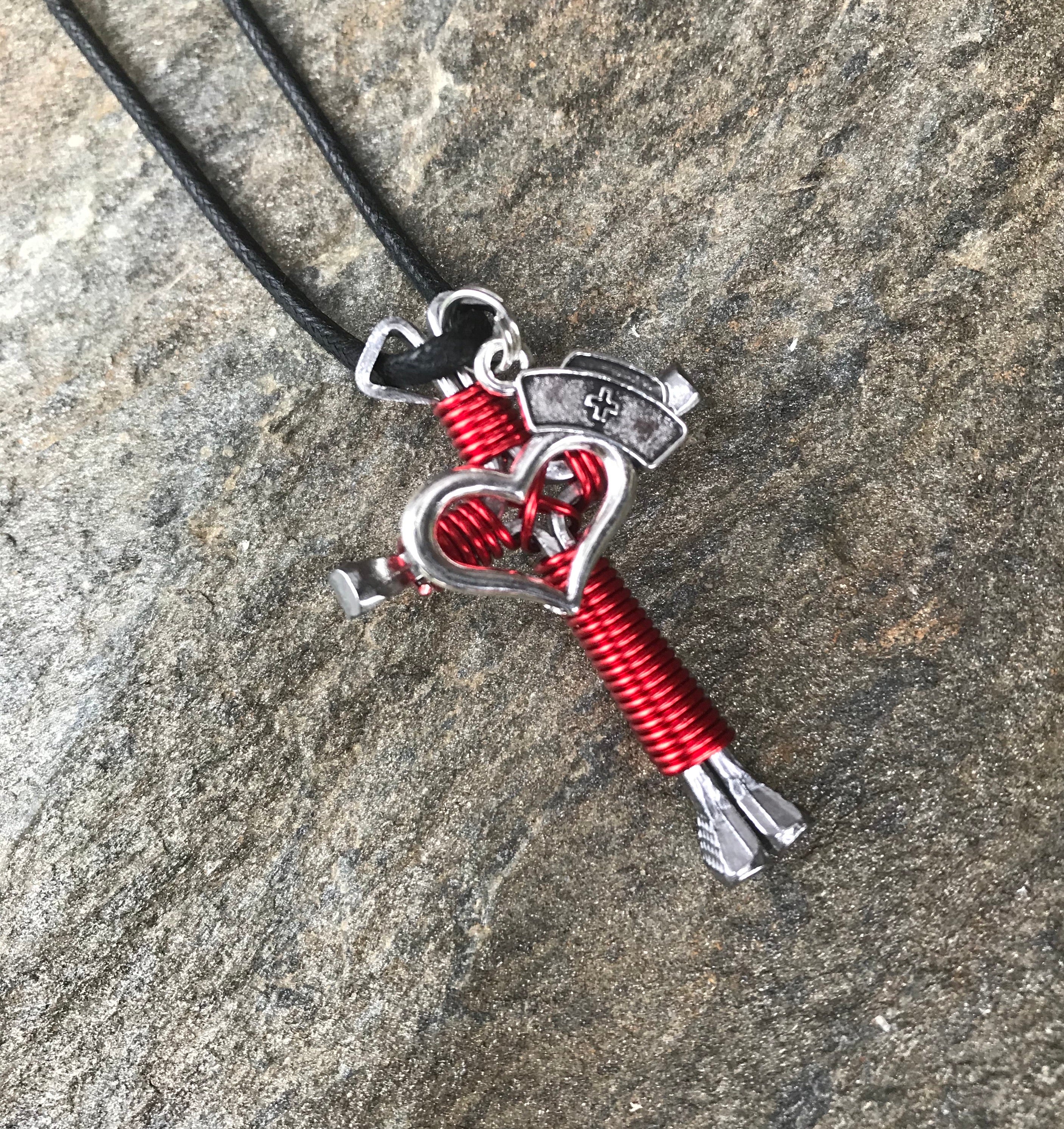 Red Horseshoe Nail Cross Necklace with Nurse Charm