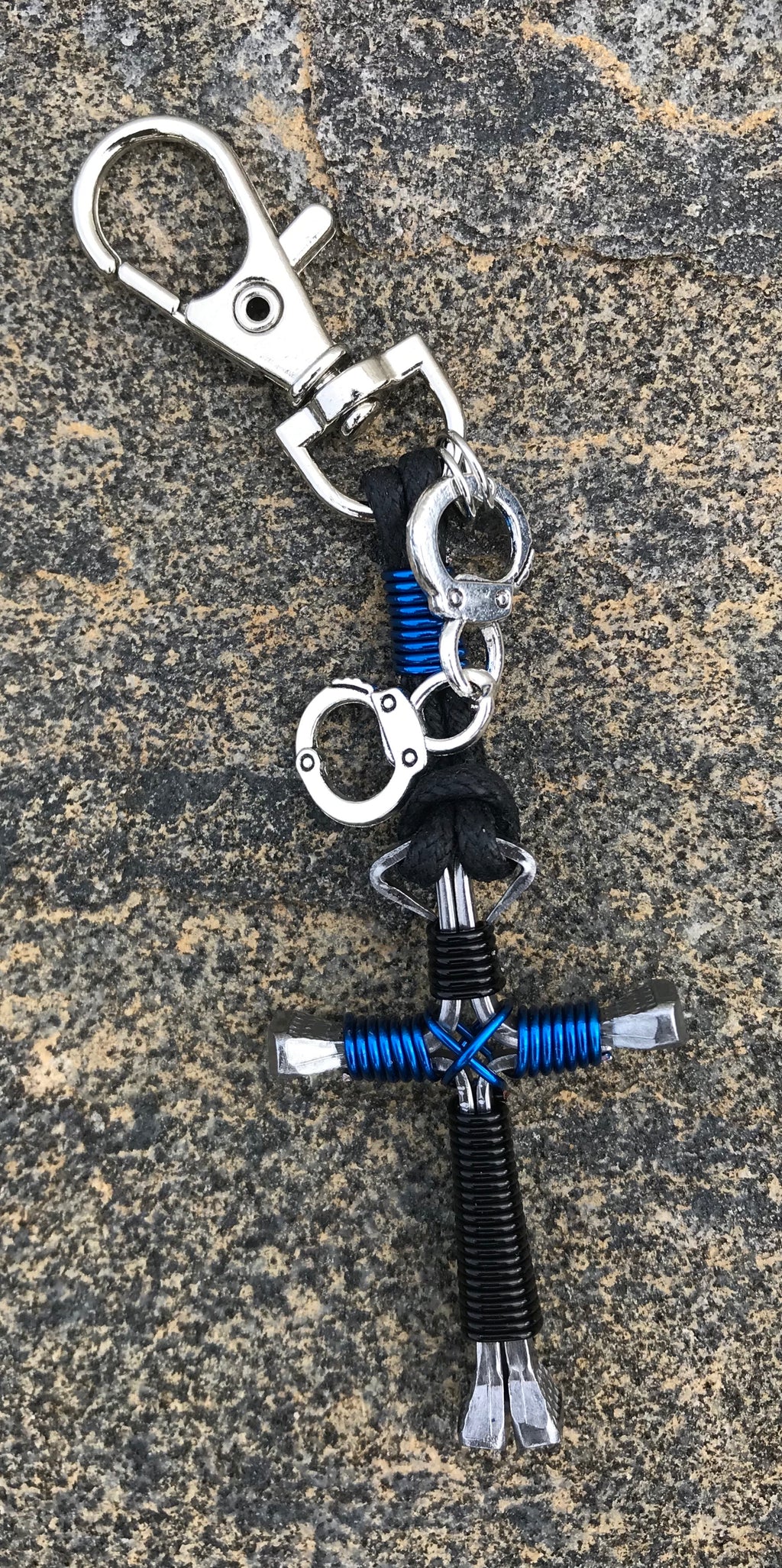 Key Chain Clip with Handcuff Charm ~ Black/Blue Horseshoe Nail Cross  (Great for Policeman)