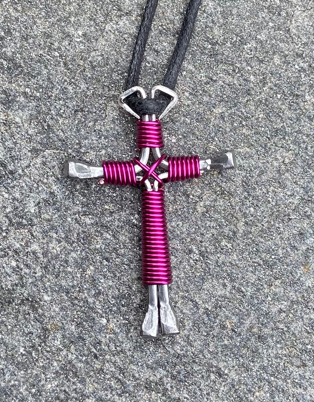 Necklace Western Cross Handmade of 4 Horseshoe Nails Magenta