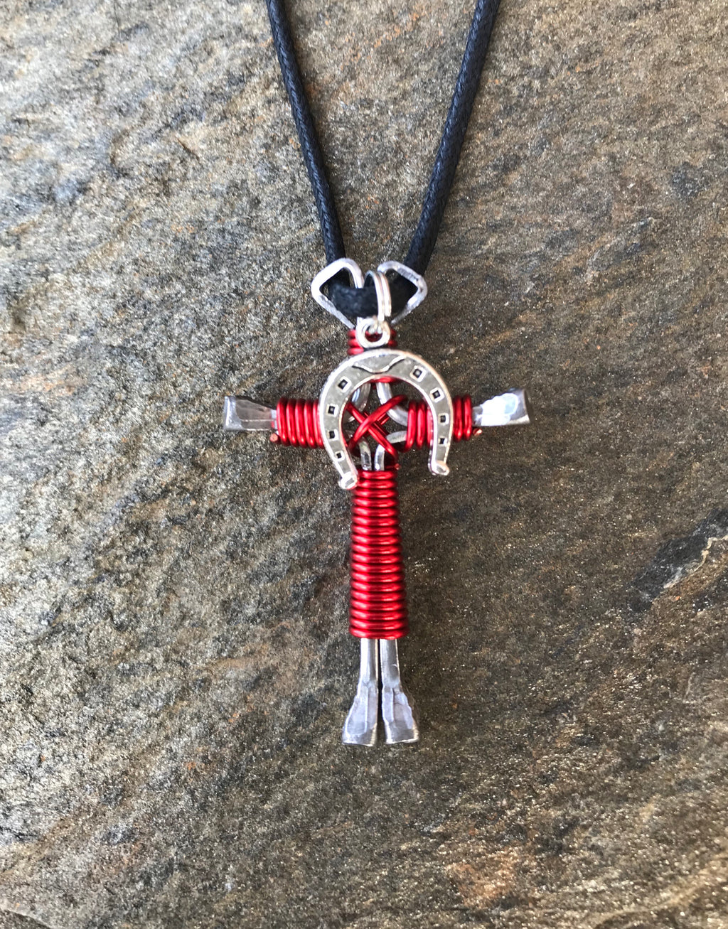 Red Horseshoe Nail Cross Necklace with Horseshoe Charm