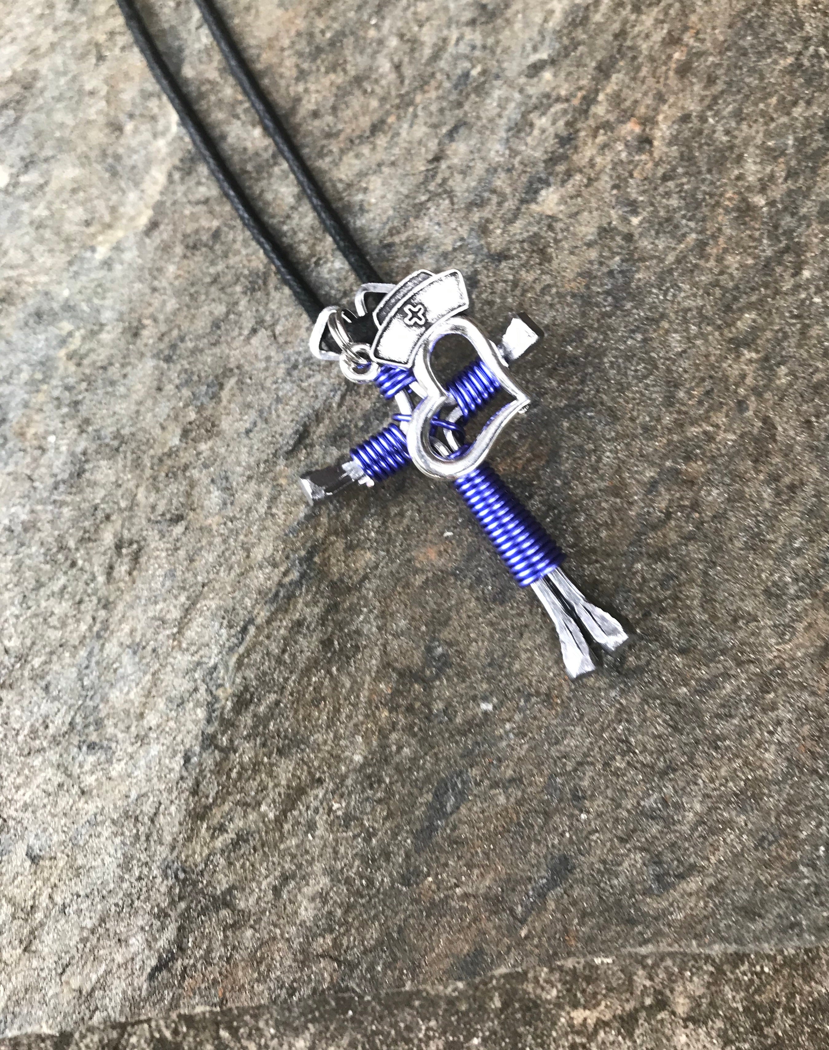 Lavender Horseshoe Nail Cross Necklace with Nurse Charm