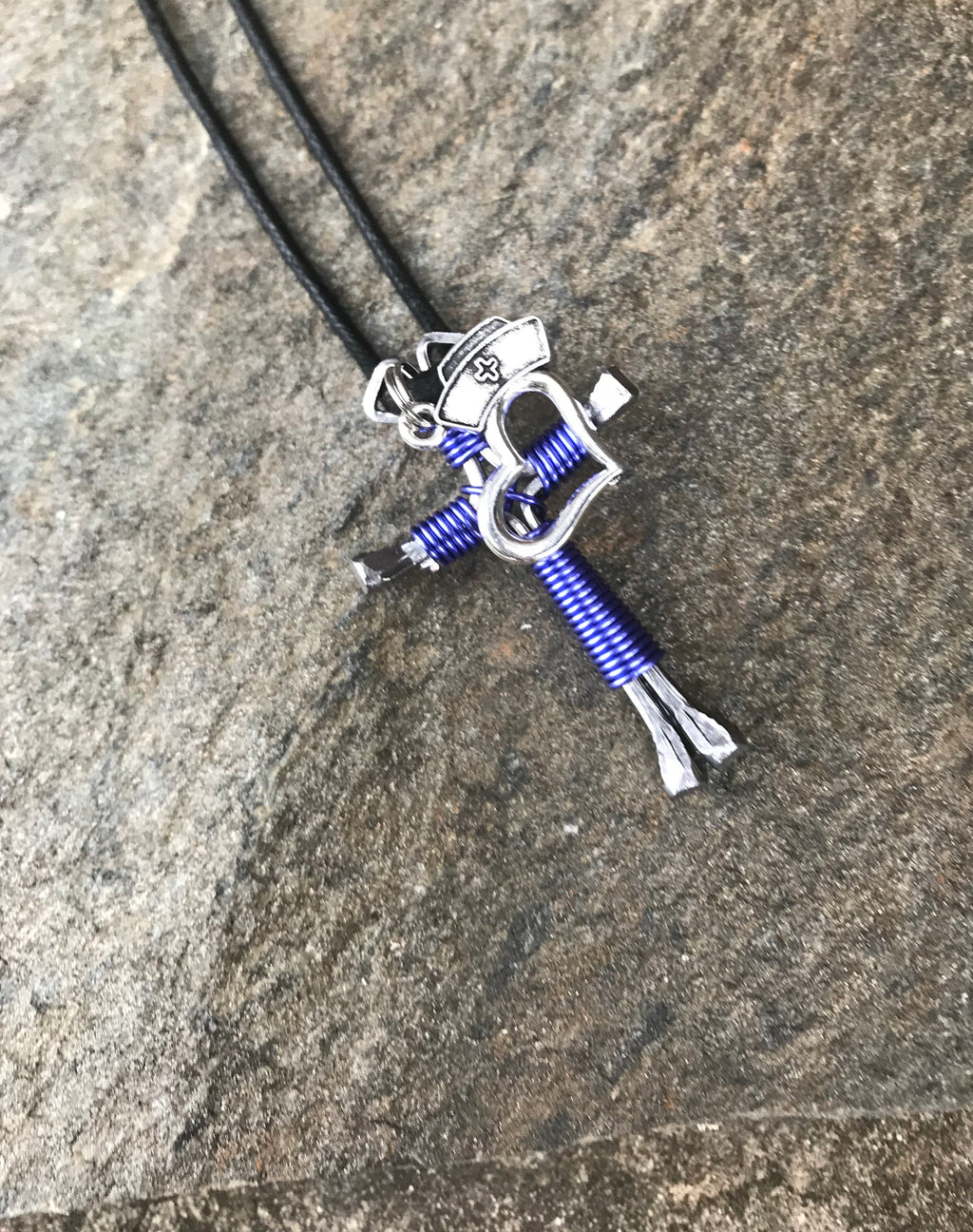 Lavender Horseshoe Nail Cross Necklace with Nurse Charm