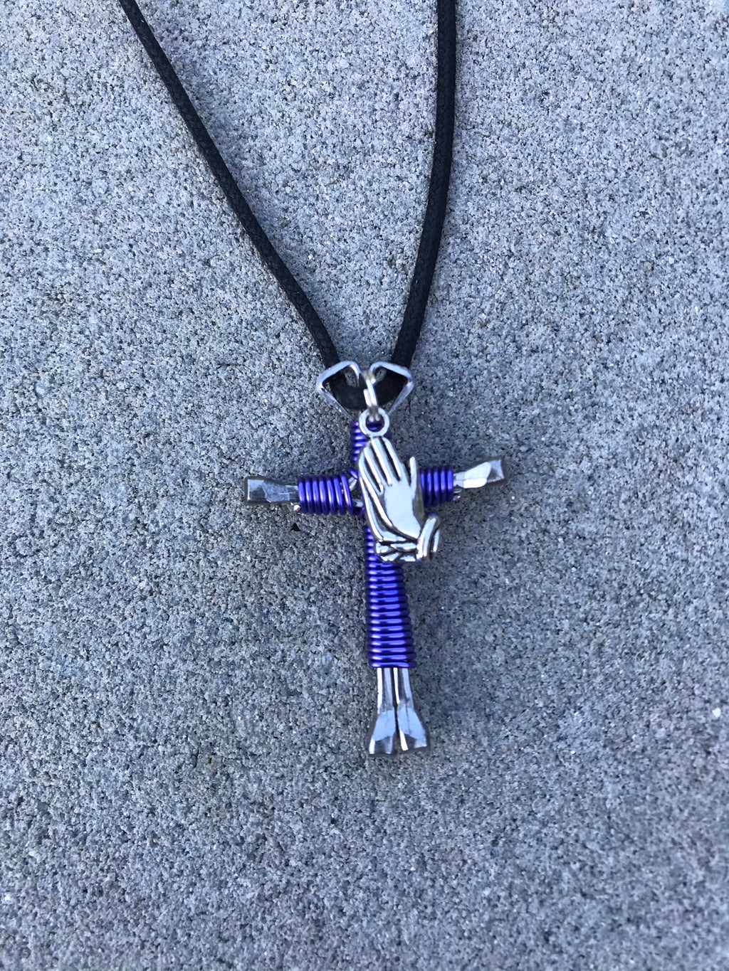 Lavender Cross Necklace with Praying Hands Charm Handmade of 4 Horseshoe Nails