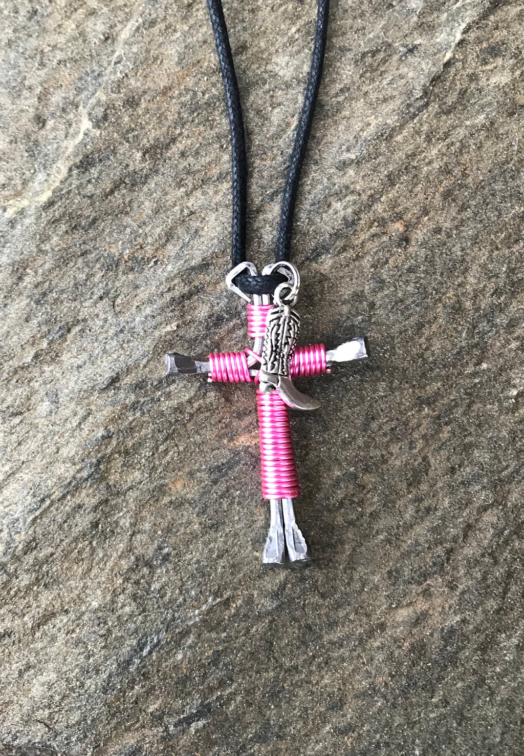 Pink Horseshoe Nail Cross Necklace with Boot Charm