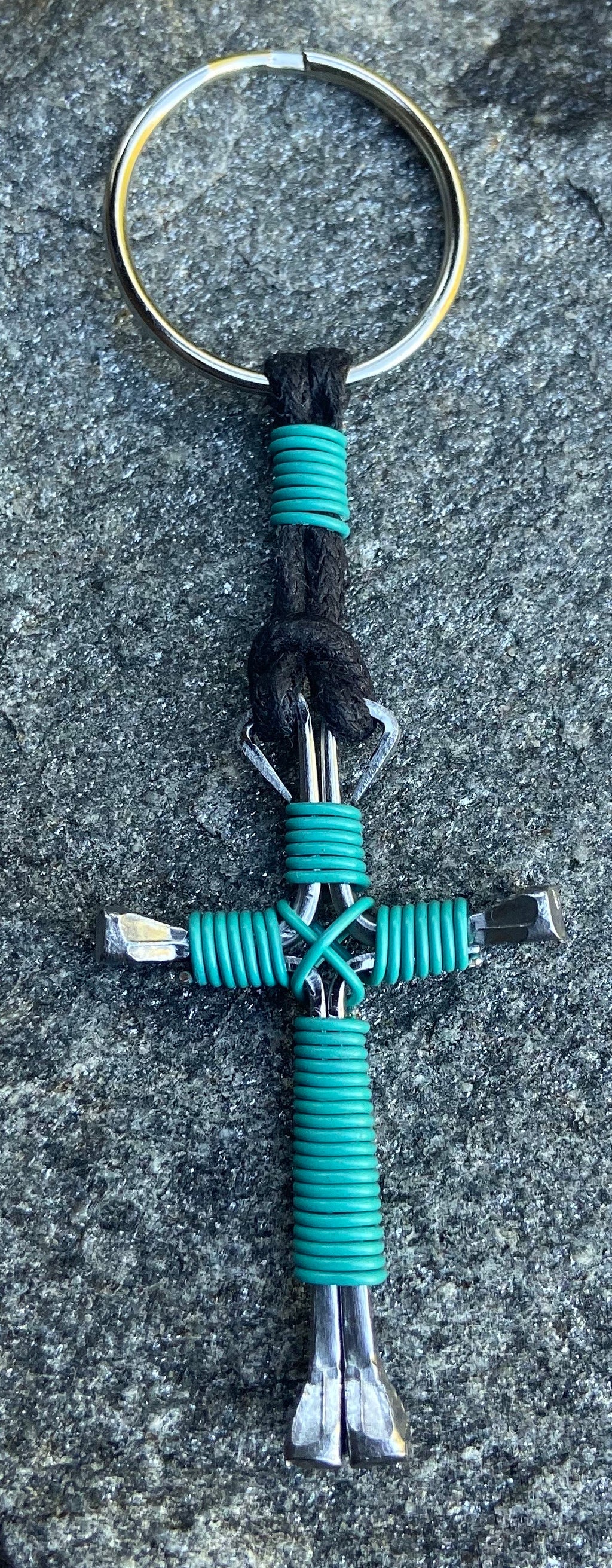 Turquoise Horseshoe Nail Cross Keychain