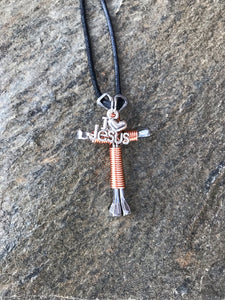 Copper Horseshoe Nail Cross Necklace with I Love Jesus Charm