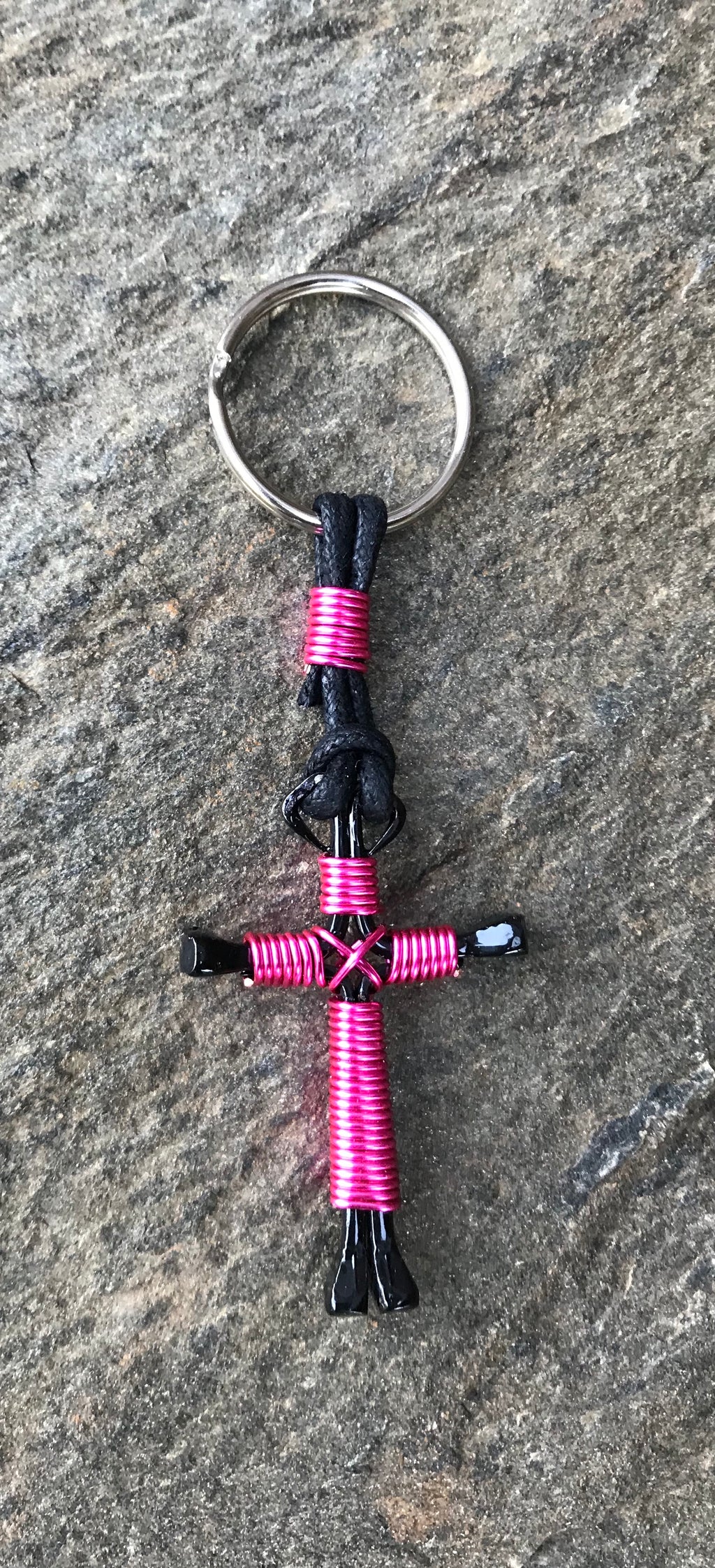 Pink Horseshoe Nail Cross Keychain with Black Nails