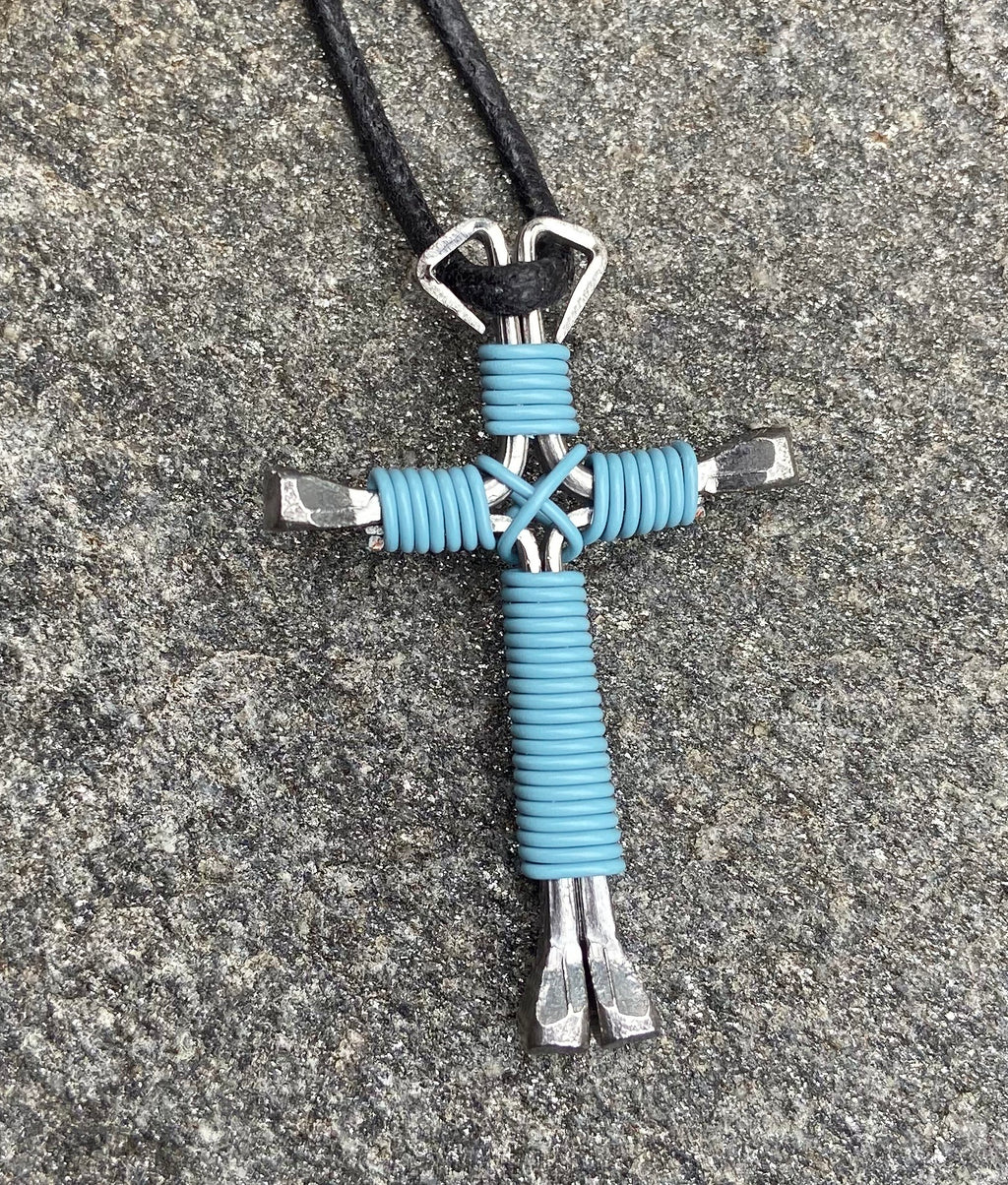 Nail Cross Pendant Sky Blue Necklace
