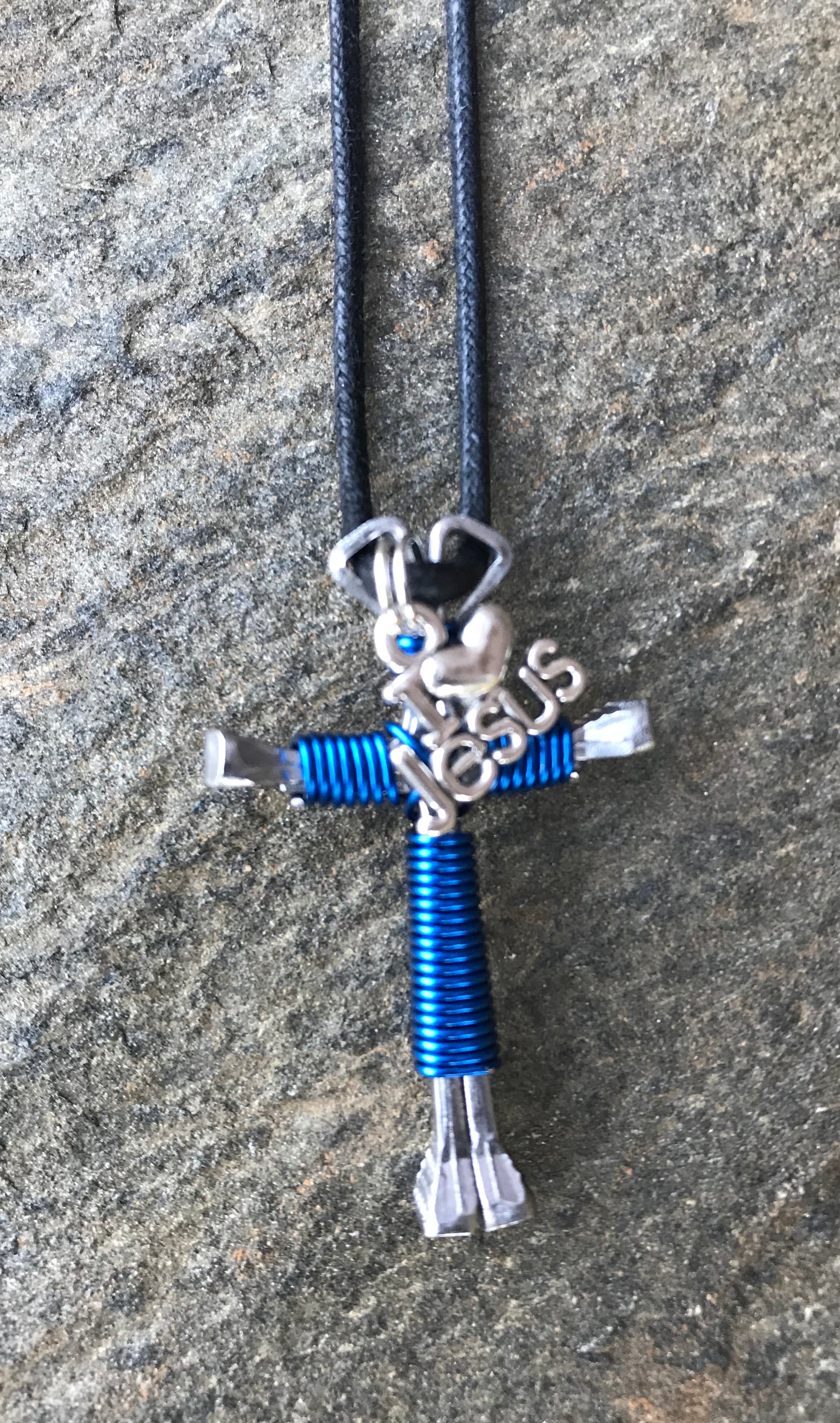 Blue -Royal Horseshoe Nail Cross Necklace with I Love Jesus Charm