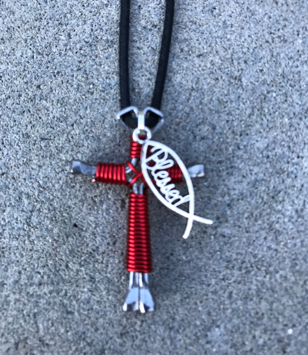 Red Necklace with Blessed Charm Handmade of 4 Horseshoe Nails