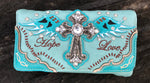 Wallet ~Turquoise Beautiful Antique Silver/Crystal Cross 3 in 1 western style wallet/cross body