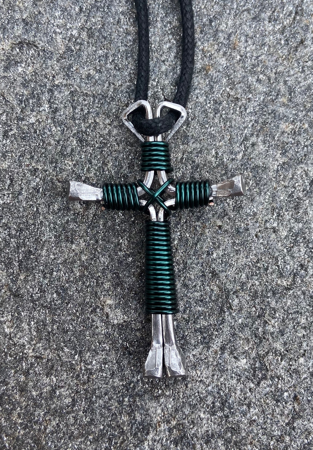 Green - Teal Horseshoe Nail Cross Necklace