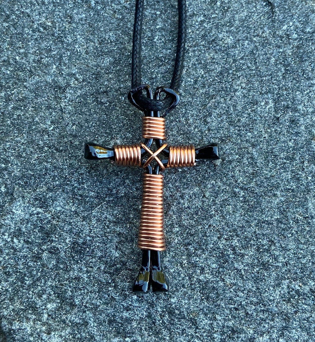 Copper Horseshoe Nail Cross Necklace With Black Nails