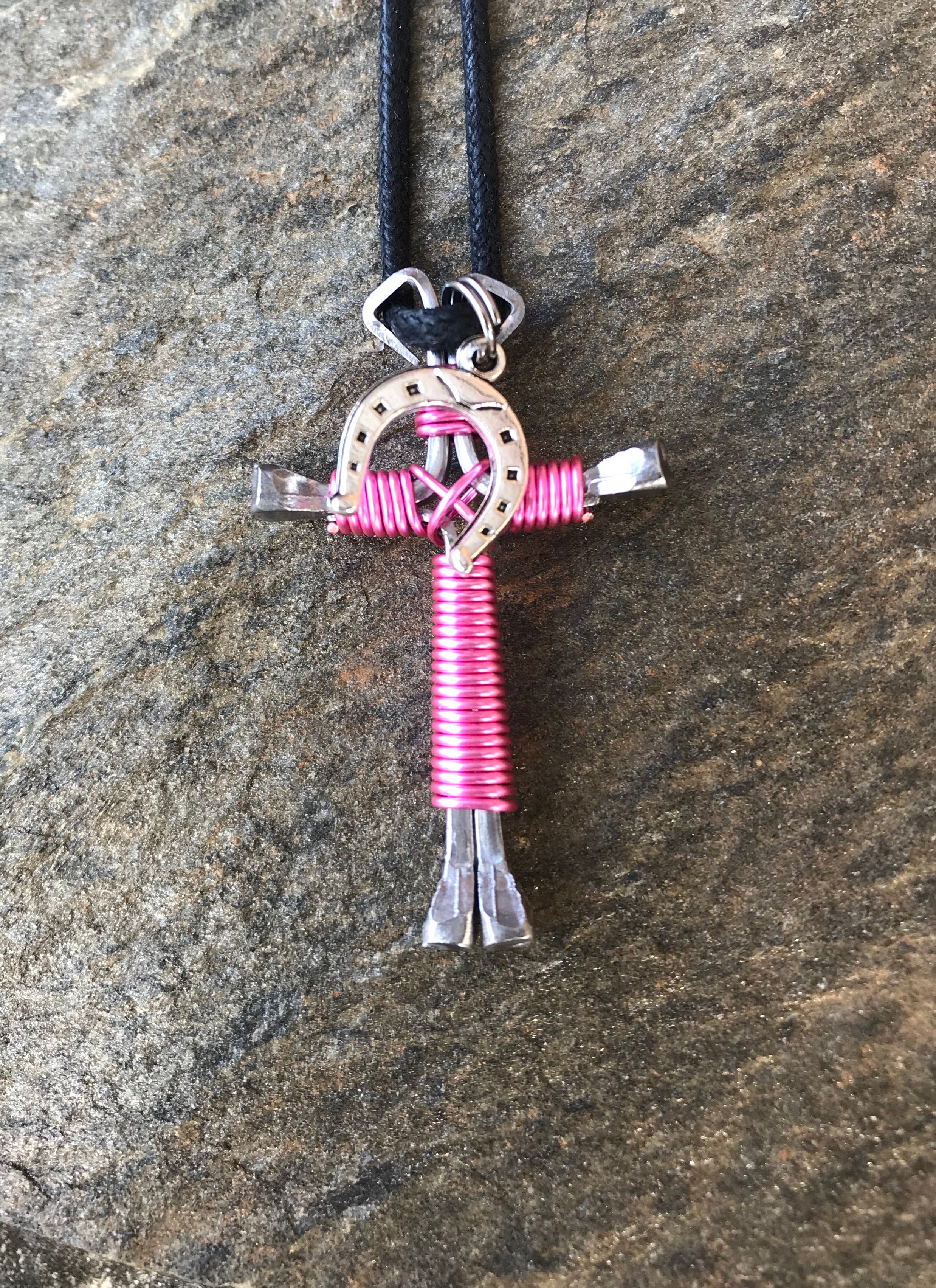 Pink Horseshoe Nail Cross Necklace with Horseshoe Charm