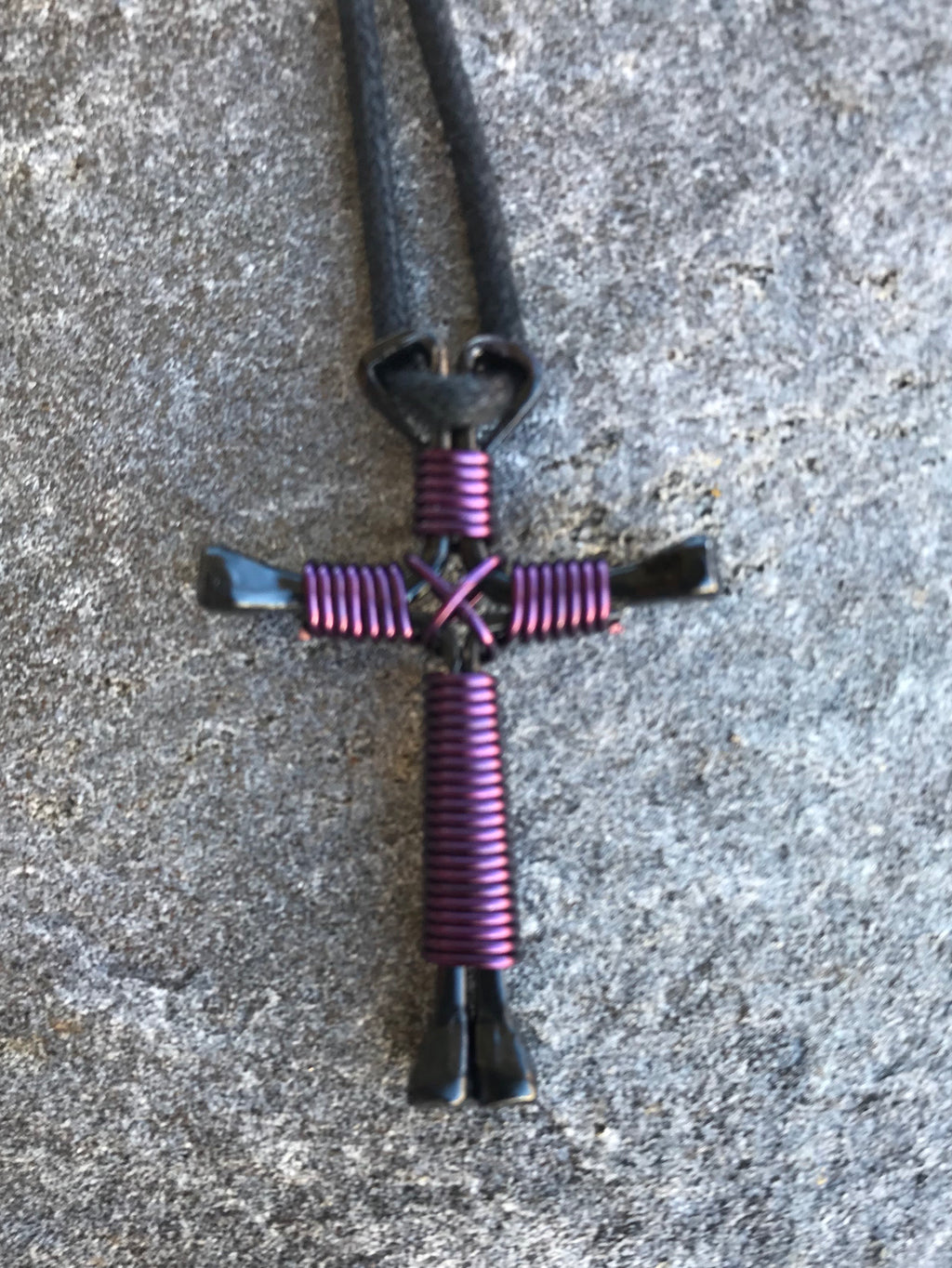 Purple Horseshoe Nail Cross Necklace With Black Nails