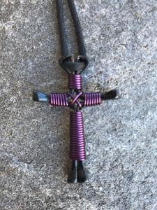 Purple Horseshoe Nail Cross Necklace With Black Nails