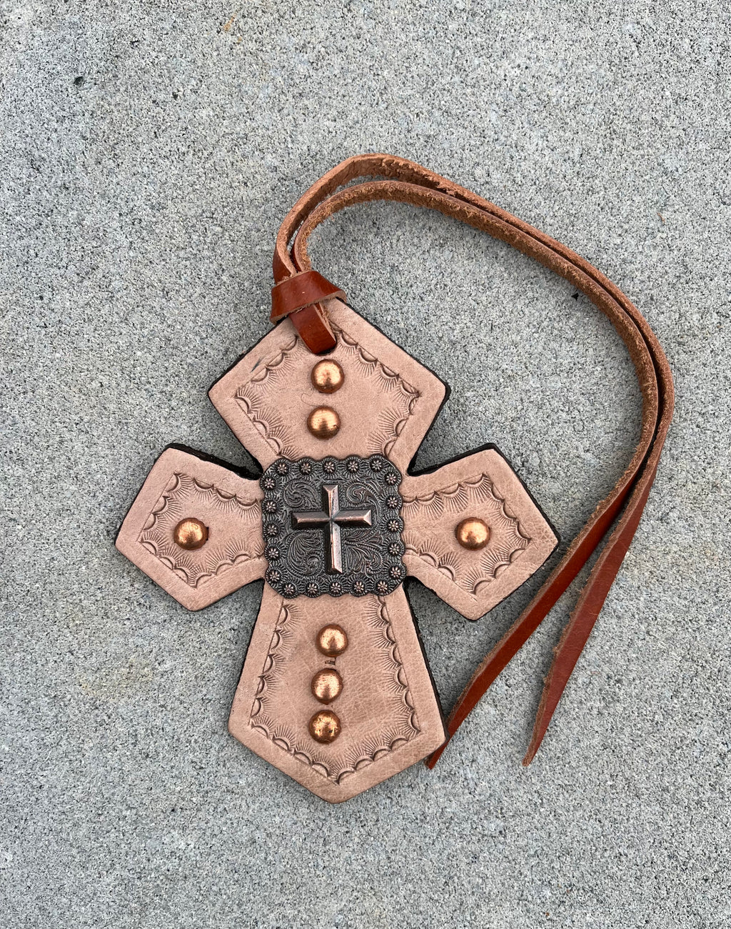 Leather Tie On Cross with Cross Concho~Tie on Saddle ~  Western Rear view mirror decor