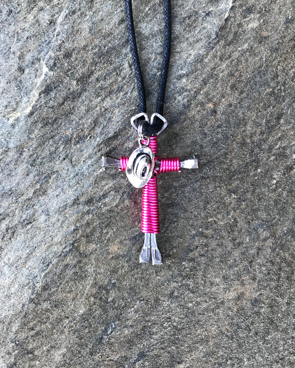 Pink Horseshoe Nail Cross Necklace with Hat Charm