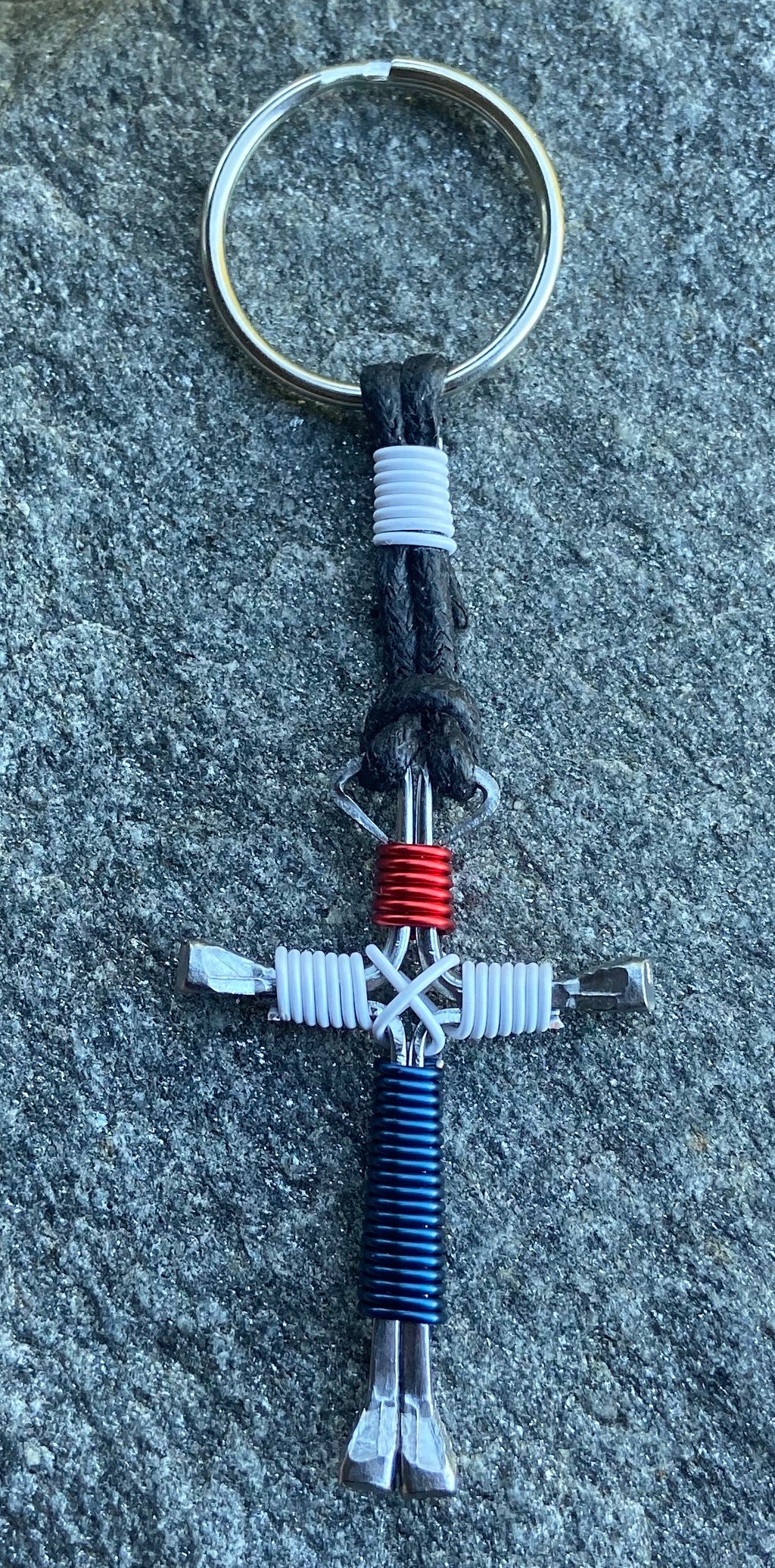 Red/White/Blue Handmade American Horseshoe Nail Cross Keychain