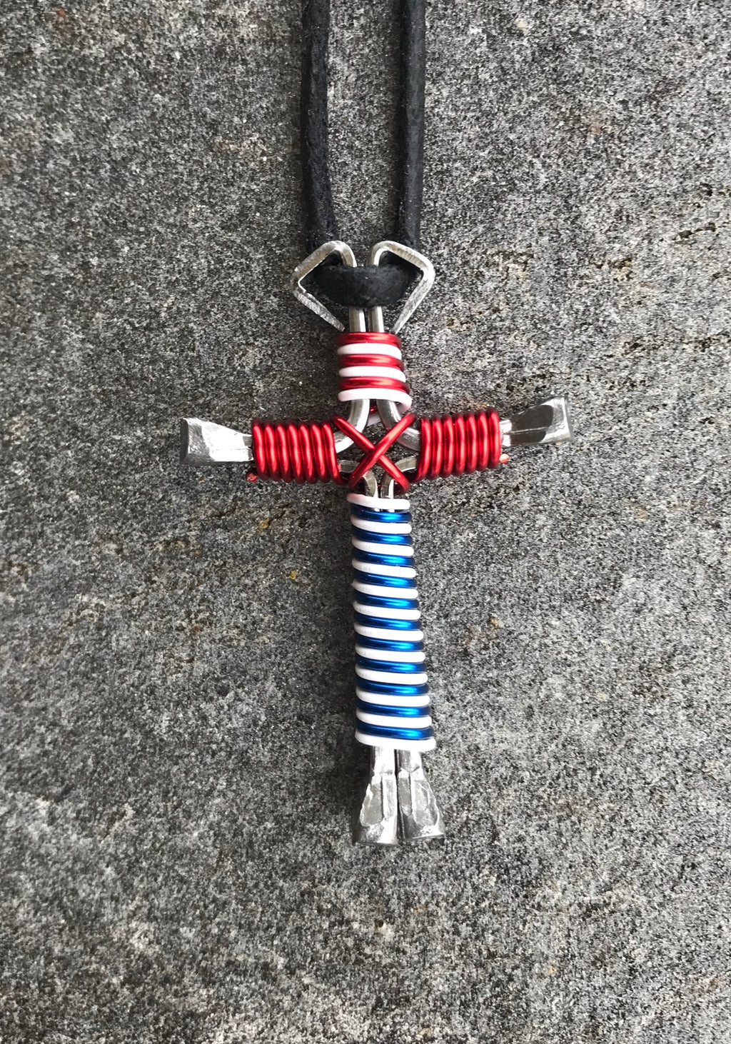 Red/White/Blue intertwined Horseshoe Nail Cross Necklace