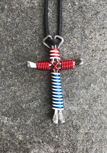 Red/White/Blue intertwined Horseshoe Nail Cross Necklace