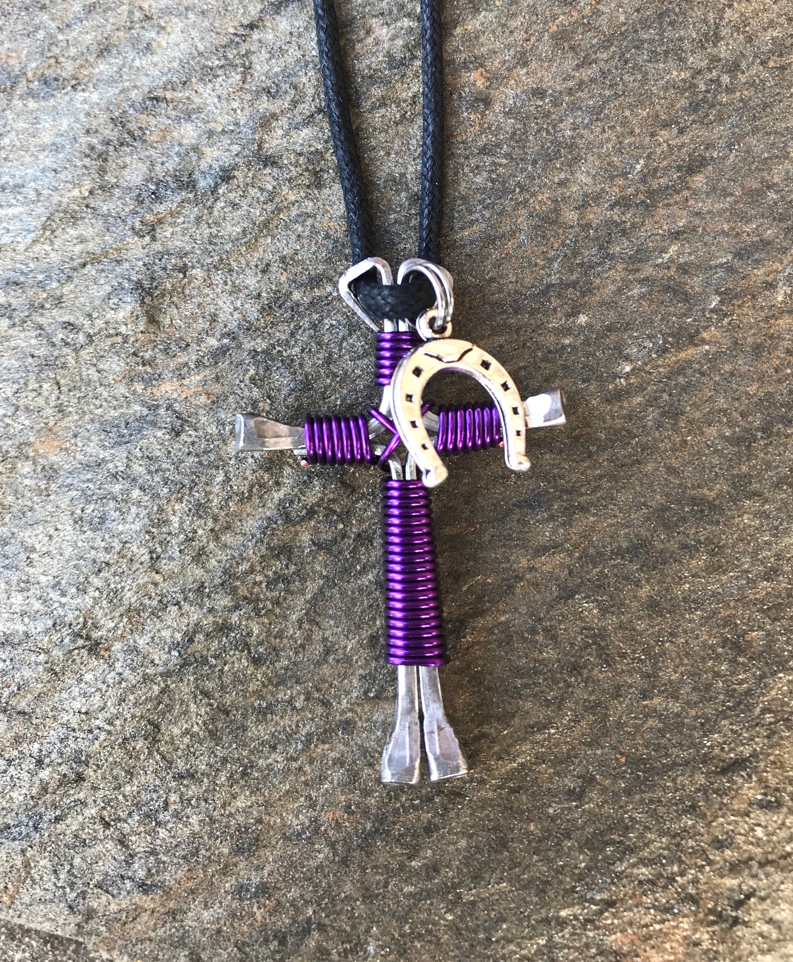 Purple Horseshoe Nail Cross Necklace with Horseshoe Charm