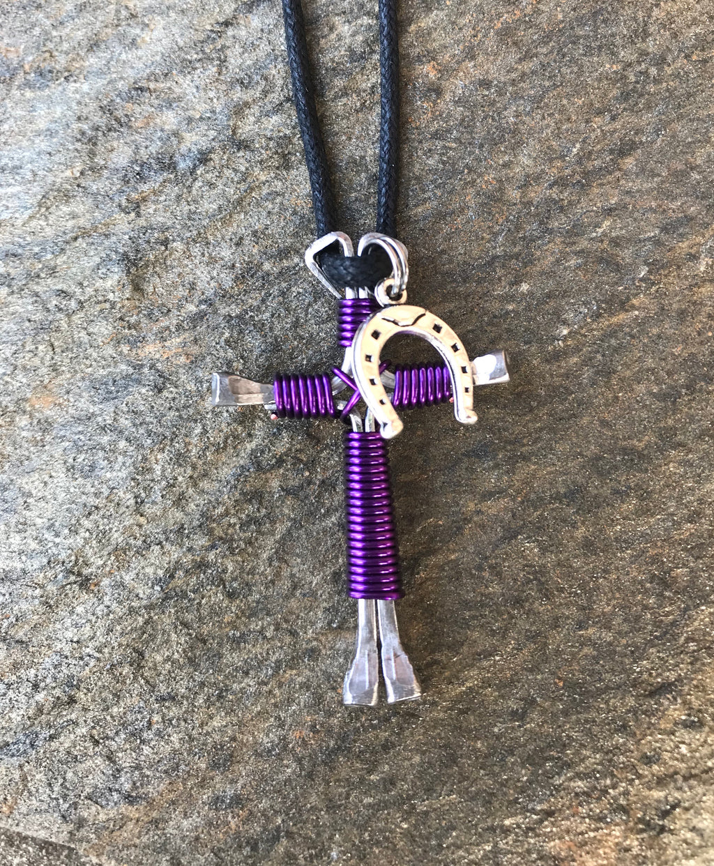 Purple Horseshoe Nail Cross Necklace with Horseshoe Charm