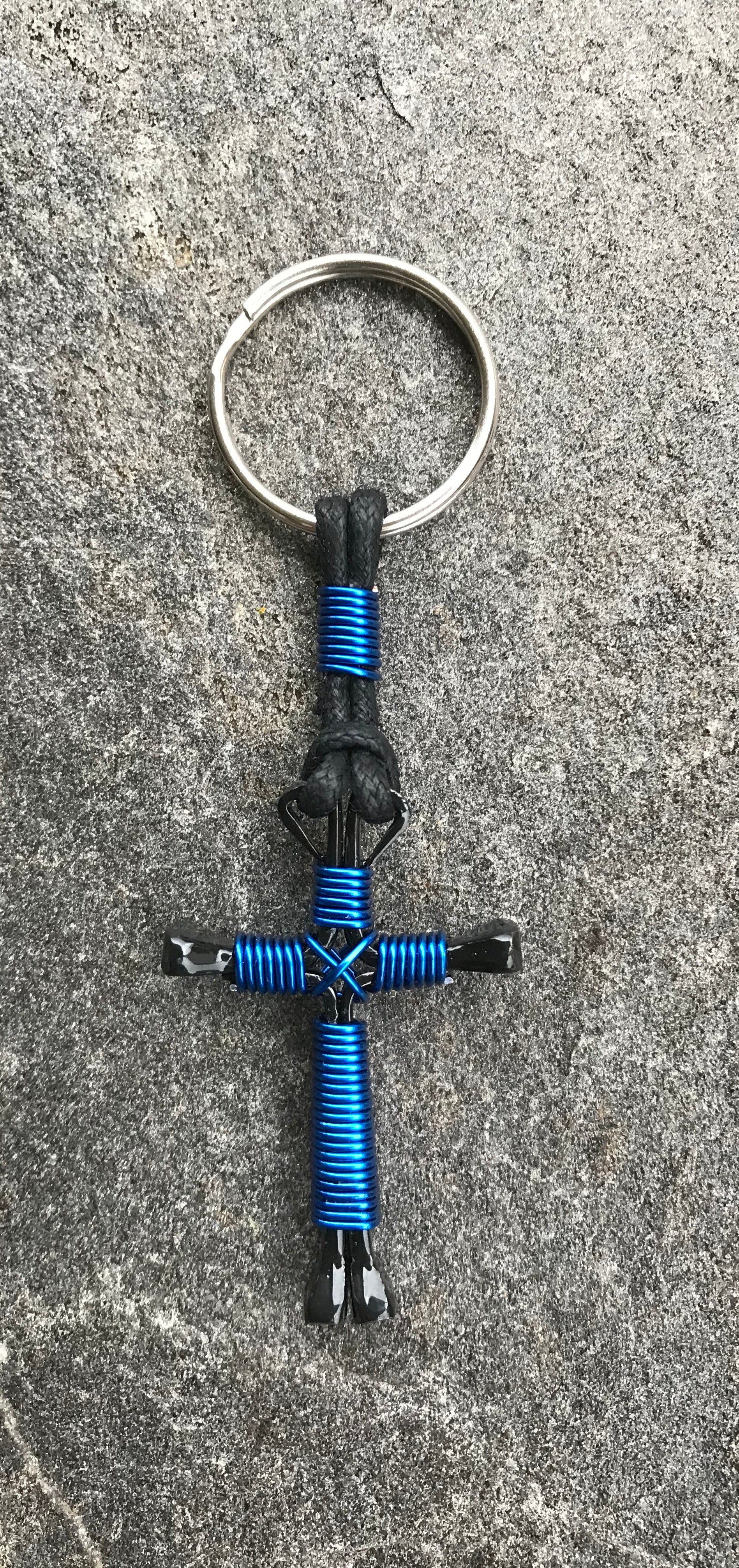 Blue Horseshoe Nail Cross Keychain with Black Nails