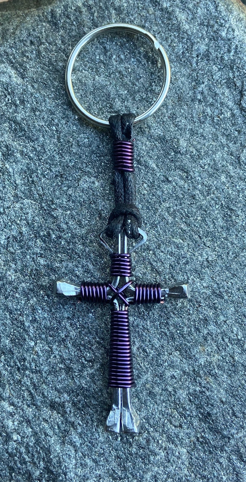 Purple Horseshoe Nail Cross Keychain